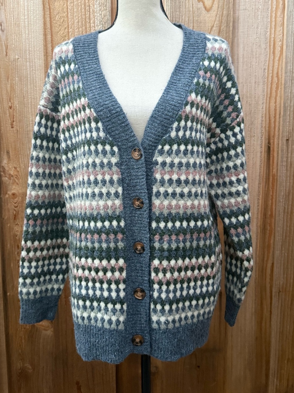 Kensie Blue V-Neck Button-Front Cardigan with Pink & Green Pattern Oversized